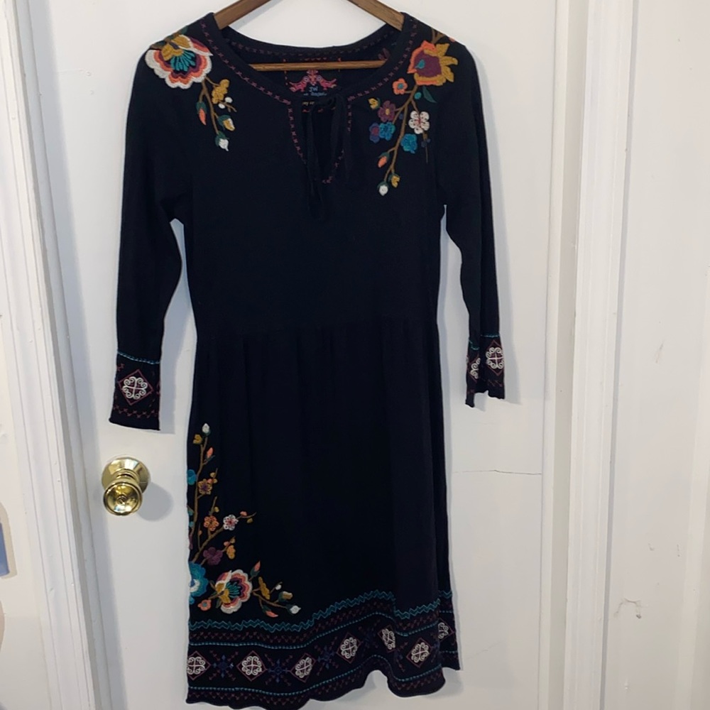 Johnny Was Black Dress with Multicolor Embroidery